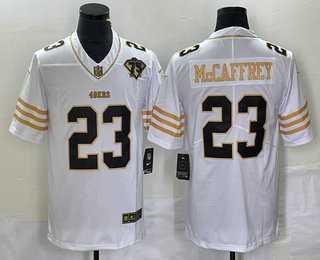 Mens San Francisco 49ers #23 Christian McCaffrey White 75th Patch Golden Edition Stitched Nike Limited Jersey Dzhi